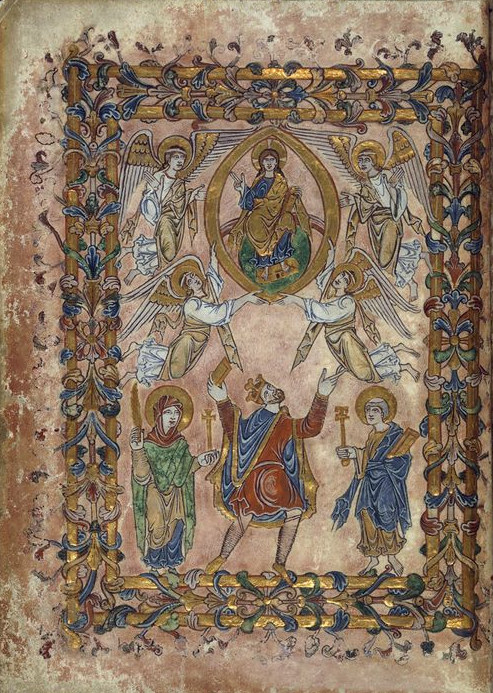 The New Minster Charter Winchester, showing King Edgar holding aloft the charter in the presence of the Virgin Mary, St Peter, Christ and angels