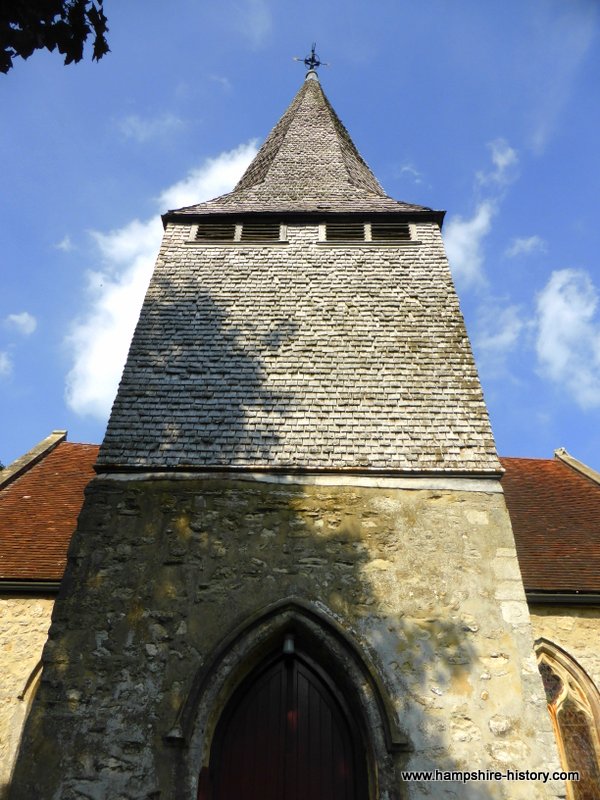 Wonderful wood shingles on tower of St Boniface Nursling